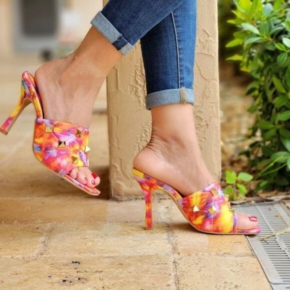 Shoes - Women's Multi Color Roman Stud Quilted Slide High Heel Sandals
